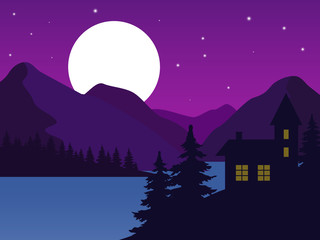 House on a hill at night on a background the backdrop of mountains, lake and moon