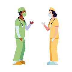 Man and woman doctor with uniforms and masks vector design