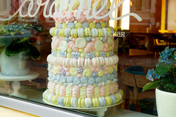 confectionery showcase, macaroons, sweet marshmallows
