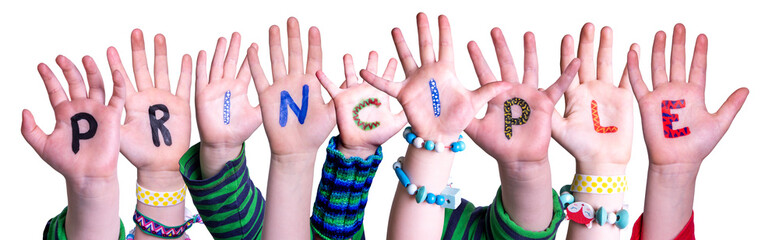 Children Hands Building Colorful English Word Principle. White Isolated Background