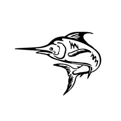 Blue Marlin Fish Jumping Up Black and White Retro