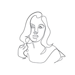 One line girl or woman portrait. Minimalist simple icon of female silhouette of face. Abstract linear icon. Hand drawn vector illustration. Design logo for beauty salon, tattoos, decorations.