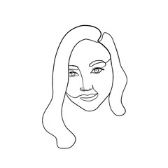 One line girl or woman portrait. Minimalist simple icon of female silhouette of face. Abstract linear icon. Hand drawn vector illustration. Design logo for beauty salon, tattoos, decorations.