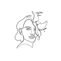 Linear Drawing Lovers. Portrait Couple In Minimal Style. Continuous Line Art. Man And Woman. Happy Newlyweds. Design Concept for Wedding Invitation, Valentine's Day Greeting Card. Hand Drawn Vector.