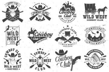 Cowboy club badge. Ranch rodeo. Vector. Concept for shirt, logo, print, stamp, tee with cowboy and shotgun. Vintage typography design with wild west and western rifle silhouette.