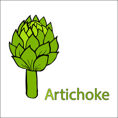 Artichoke Educational material for the study of vegetables. A word on the letter A. Cartoon outline of the stem with leaves. Vector freehand drawing, black outline. Isolated on a white background.