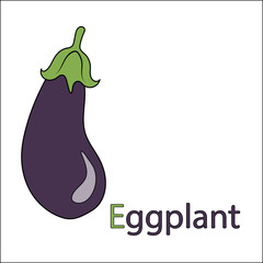 Eggplant Educational material for the study of vegetables. A word for the letter E. Cartoon outline of a purple vegetable. Vector freehand drawing, black outline. Isolated on a white background.