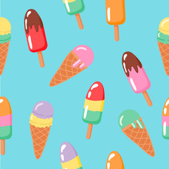 Summer seamless cute trendy pattern with various hand drawn colorful tasty ice cream cones and popsicles isolated on blue green background. Vector for party, fabric, wallpaper, wrapping paper, prints