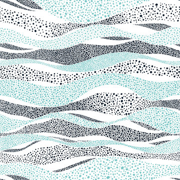 Wavy Seamless Pattern In Polka Dot Style. Cute Summer Sea Background. White And Blue Print For Textiles. Waves Graphic Pointillism. Vector Illustration.