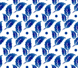 blue and white seamless pattern with leaves