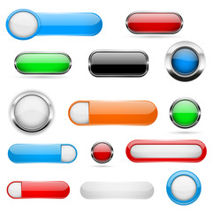 Web buttons. Colored set of icons with and without metal frame. 3d shiny elements on white background
