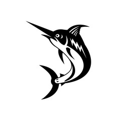 Blue Marlin Jumping Up Retro Black and White
