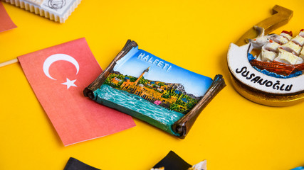 Turkey travel concept, turkish flag, magnets from Halfeti