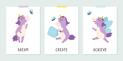 Cute purple unicorn with butterfly in the childish style. Positive inspirational saying for posters and cards. Dream, create, achieve banner, t-shirt print design. Flat vector illustration. © marumayfay