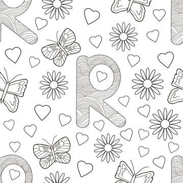Letter R with flowers, leaves and butterflies. Seamless pattern. Coloring page.