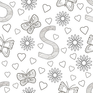 Letter S with flowers, leaves and butterflies. Seamless pattern. Coloring page.