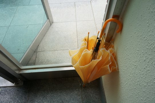 High Angle View Of Umbrella By Doorway