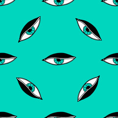 Modern seamless pattern with hand drawn eyes on green background.Vector eye icons.A simple illustration for printing, mystical background, websites, social networks,tableware or fabric design.