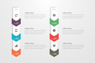 Infographic concept design with 6 options, steps or processes. Can be used for workflow layout, annual report, flow charts, diagram, presentations, web sites, banners, printed materials.