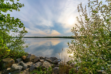 Romantic sunset at the Cospudener Lake in Leipzig