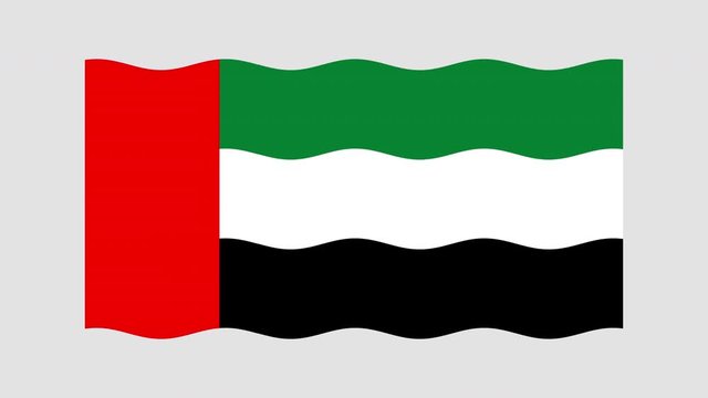 The flag of the United Arab Emirates flutters in the wind. Flat-style animation. The alpha channel is gray. Looped video footage. 4K. HD