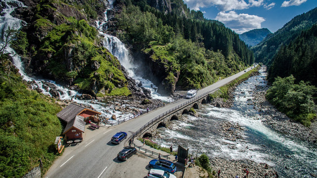 Latefoss waterfall in Norway. Twin waterfall top view. Waterfall near the road. The famous Norwegian Latefossen waterfall in Hargarden park
