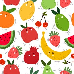 Seamless pattern with cartoon fruits, decor elements. colorful vector. hand drawing, flat style. design for fabric, print, textile, wrapper