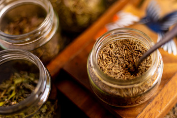 Spices, cumin for food on a table for the kitchen