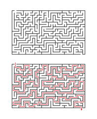 Vector rectangular maze isolated on white background. Education logic game labyrinth for kids. With the solution.