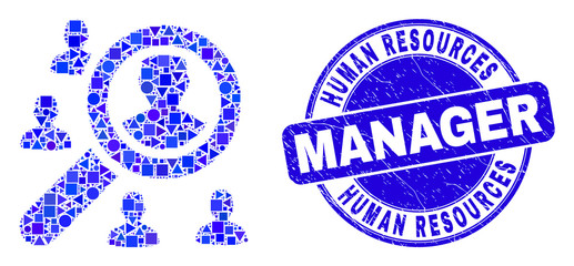Geometric search users mosaic icon and Human Resources Manager seal stamp. Blue vector rounded grunge seal with Human Resources Manager caption. Abstract mosaic of search users designed of sphere,