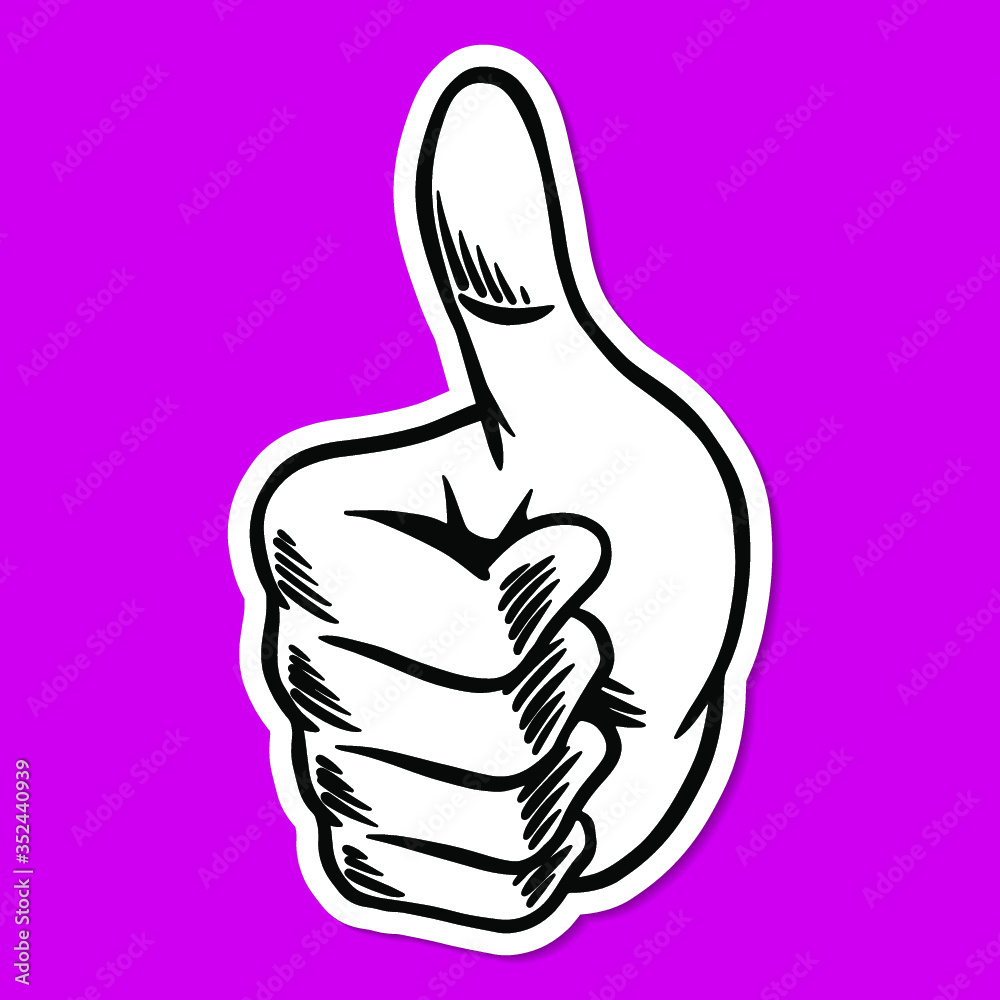 Poster thumbs up outline sticker overlay with a white border on a magenta pink background