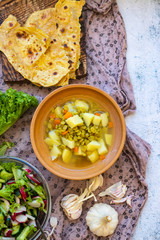 Vegetables vegan, vegetarian healthy soup in bowl. 