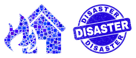 Geometric house fire disaster mosaic icon and Disaster watermark. Blue vector round scratched watermark with Disaster caption. Abstract mosaic of house fire disaster designed of round, tringle,