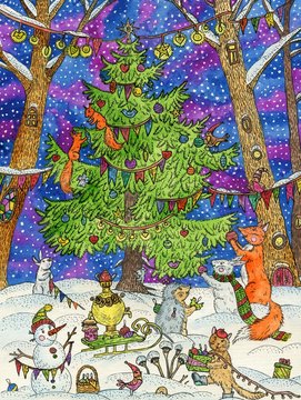 Christmas tree in the forest. Funny animals. Bright watercolor and ink illustration. Cute illustration for the decor and design of posters, postcards, prints, stickers, invitations, textiles.