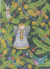 Obraz premium Vintage Christmas toys. Bright illustration in ink and colored pencils. Cute illustration for the decor and design of posters, postcards, prints, stickers, invitations, textiles and stationery.