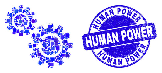 Geometric gears rotation mosaic icon and Human Power watermark. Blue vector round scratched watermark with Human Power phrase. Abstract composition of gears rotation constructed of round, tringle,