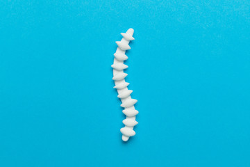 Hyman spine on a blue background. Back pain and treatment. Inflammation in the lower back.