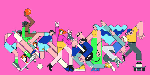 Youth characters on pink banner vector