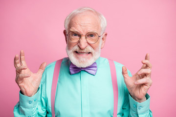 Closeup photo of mad grandpa grimace negative facial expression outraged raise hands grinning wear...