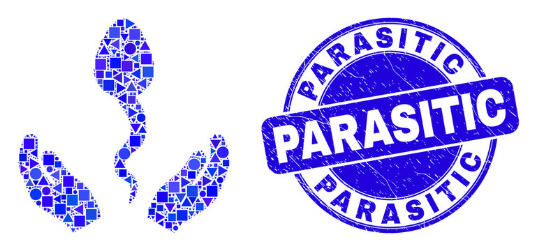 Geometric sperm care hands mosaic pictogram and Parasitic seal stamp. Blue vector round grunge seal stamp with Parasitic text. Abstract concept of sperm care hands composed of round, tringle,
