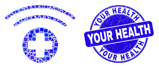 Geometric medical source mosaic icon and Your Health seal stamp. Blue vector rounded grunge seal with Your Health title. Abstract mosaic of medical source done of round, tringle,