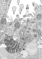 Cat, a bouquet of flowers and balloons. Coloring. Black and white digital illustration. Cute illustration for the decor and design of posters, postcards, prints, stickers, invitations, textiles.