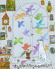 A white cat sits by the window and looks at the birds. Bright illustration in ink and watercolor. Cute illustration for the decor and design of posters, postcards, prints, stickers, invitations.