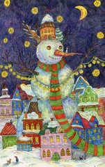 Big snowman in the city. Christmas. Bright illustration in ink and colored pencils. Illustration for the decor and design of posters, postcards, prints, stickers, invitations, textiles and stationery.