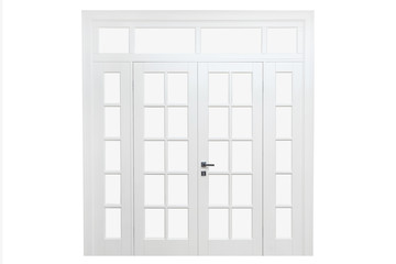 Double White Wooden door front view isolated on white. Closed door.