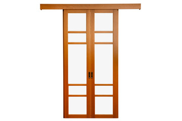 Wooden door with glass front view isolated on white.  Closed door. Modern materials for interior