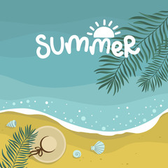 Fototapeta na wymiar summer sea with waves background, palm leaves, starfish mollusks, beach yellow sand, vector design template, lettering