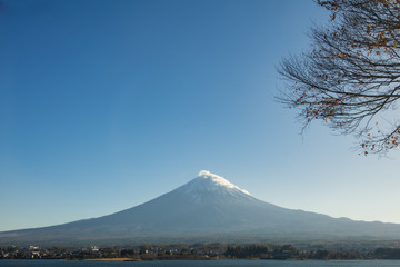 Mount Fuji view from Lake Kawaguchi, Yamanashi Prefecture, Japan. Mount Fuji is Japan tallest mountain and popular with both Japanese and foreign tourists.