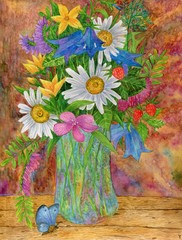 Bouquet of wildflowers. Bright watercolor painting. Illustration for the decor and design of posters, postcards, prints, stickers, invitations, textiles and stationery.