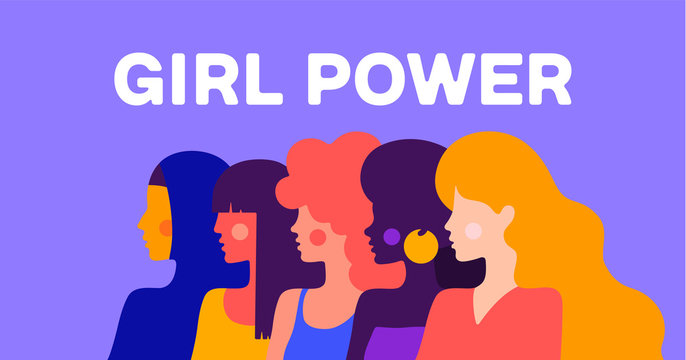 Girl Power. Modern flat character. Simple character of woman lady of different nationalities, races, arab, asian, european, african. Woman character, concept in flat color graphic. Vector Illustration